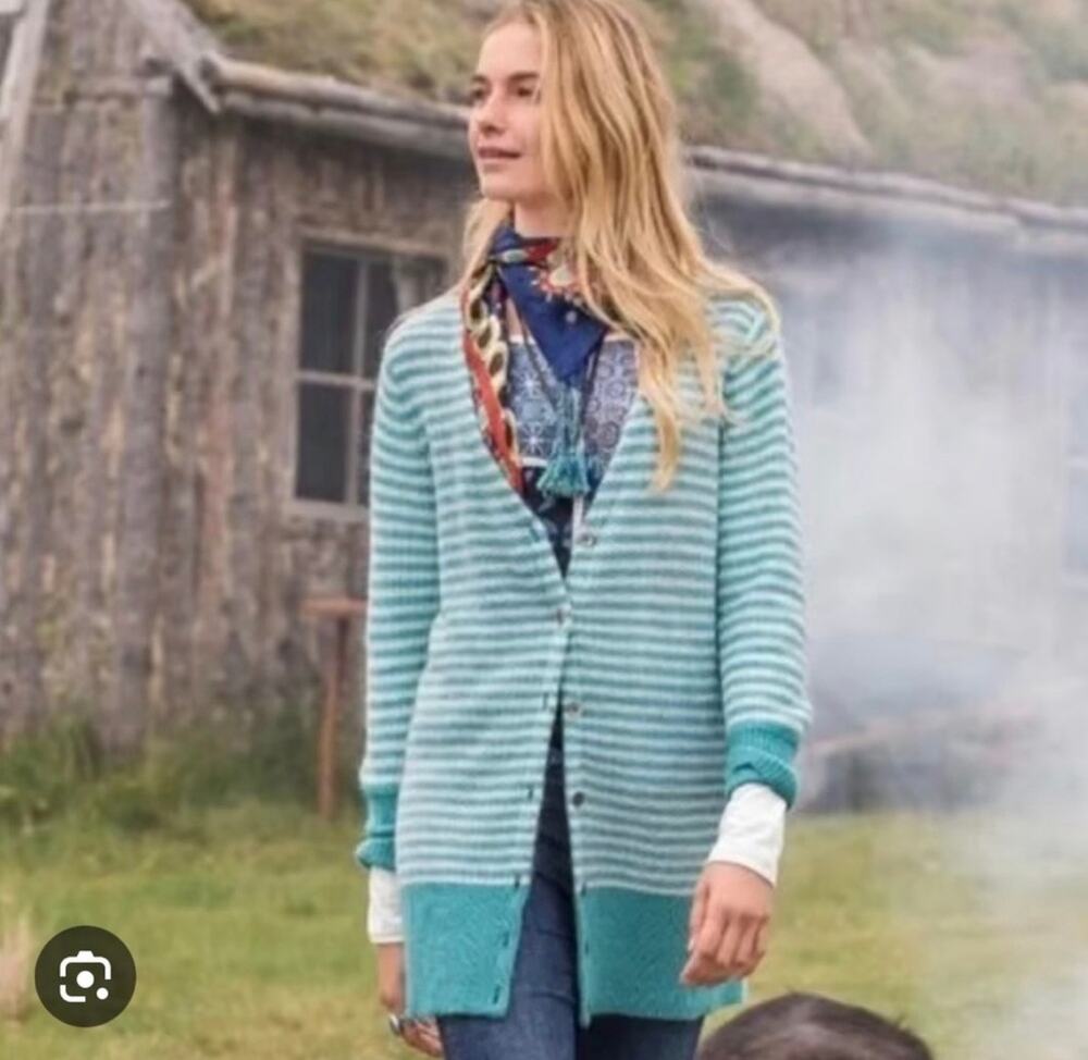 Sundance XS Teal Ivory Stripe Lambswool Wool Mohair Blend Longline Cardigan